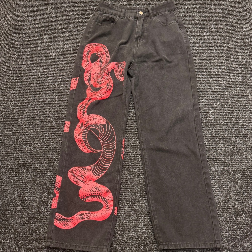 Unbranded Black Snake Print Denim Jeans Red Graphic Straight Leg Mens Size S
